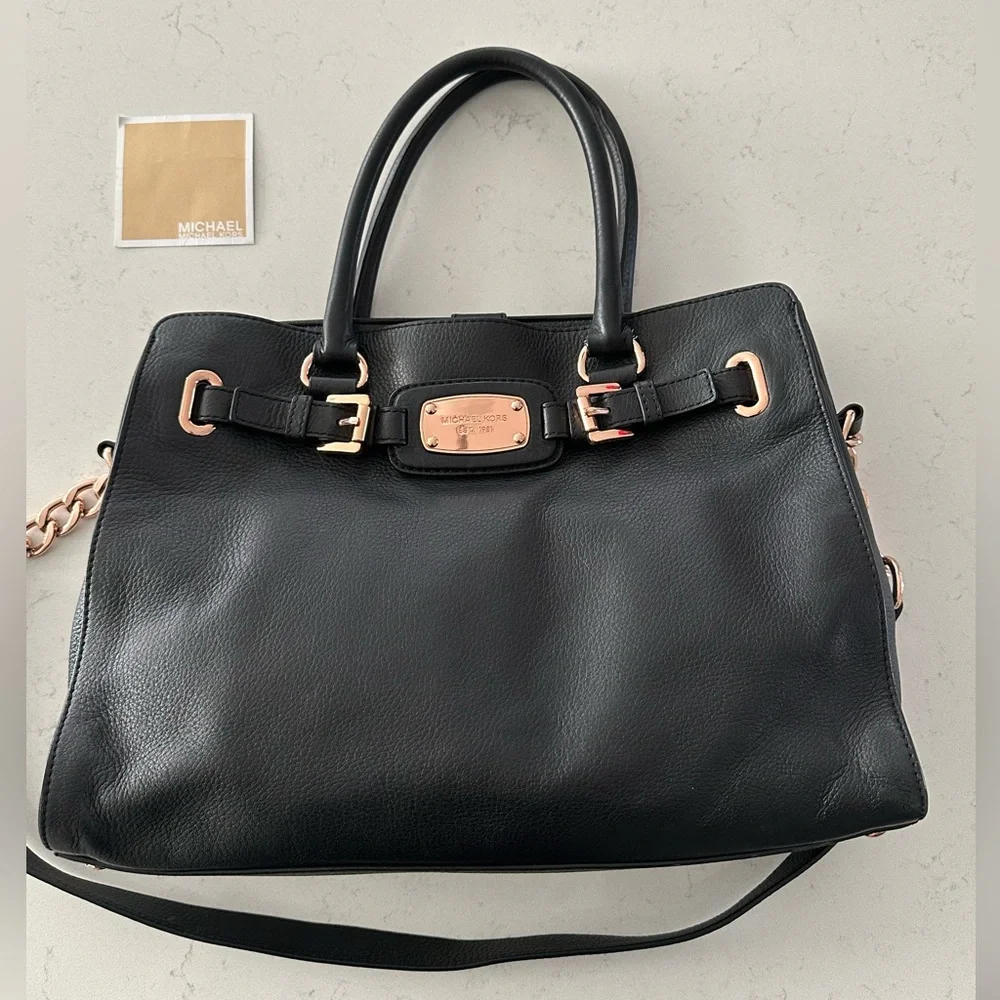 Michael Kors HAMILTON Black Pebbled Leather Satchel Tote Bag Rose Gold Hardware - Picture 3 of 17